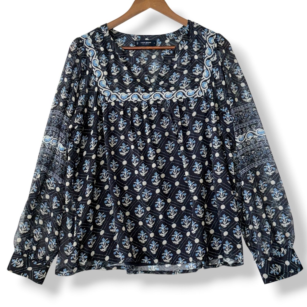 Lucky Brand Blouse L Navy Blue Medallion Floral Boho Lined Chiffon Peasant Chic